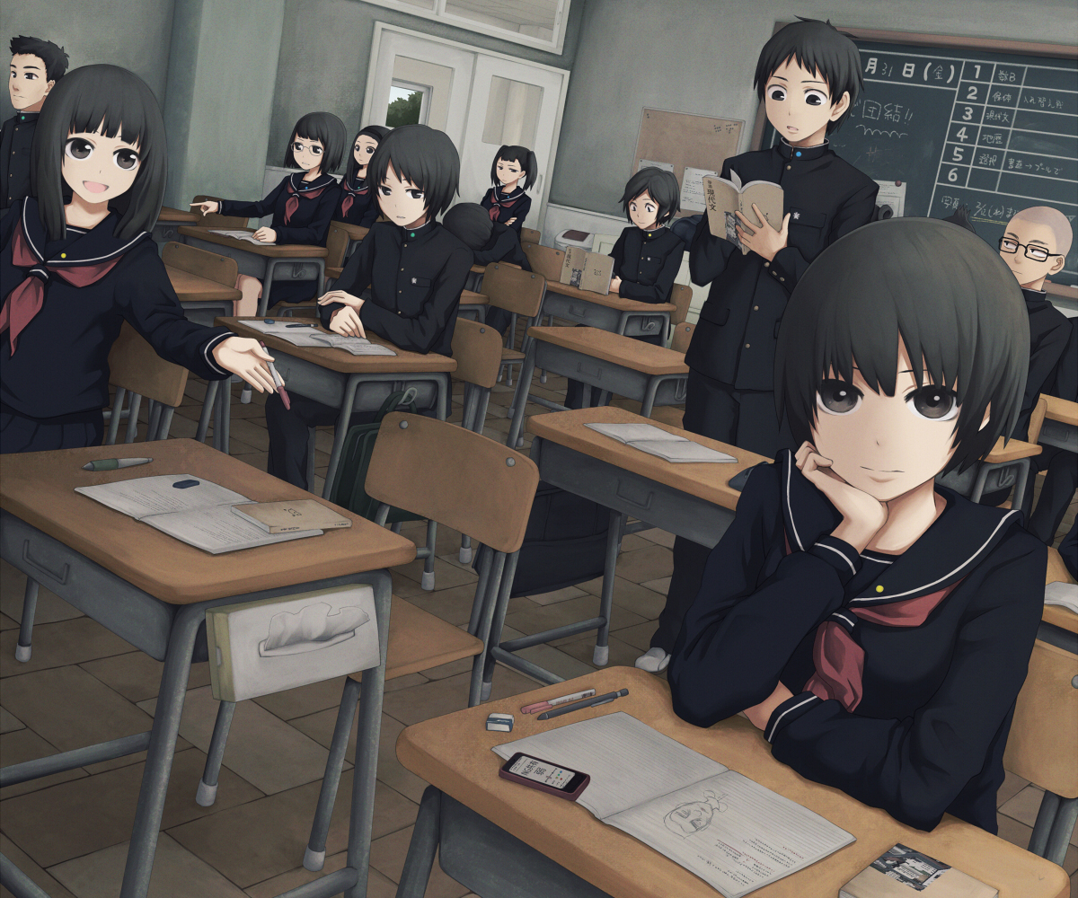 black_eyes, black_hair, book, cropped, glasses, group, original, school_uniform, short_hair, yajirushi_(chanoma)