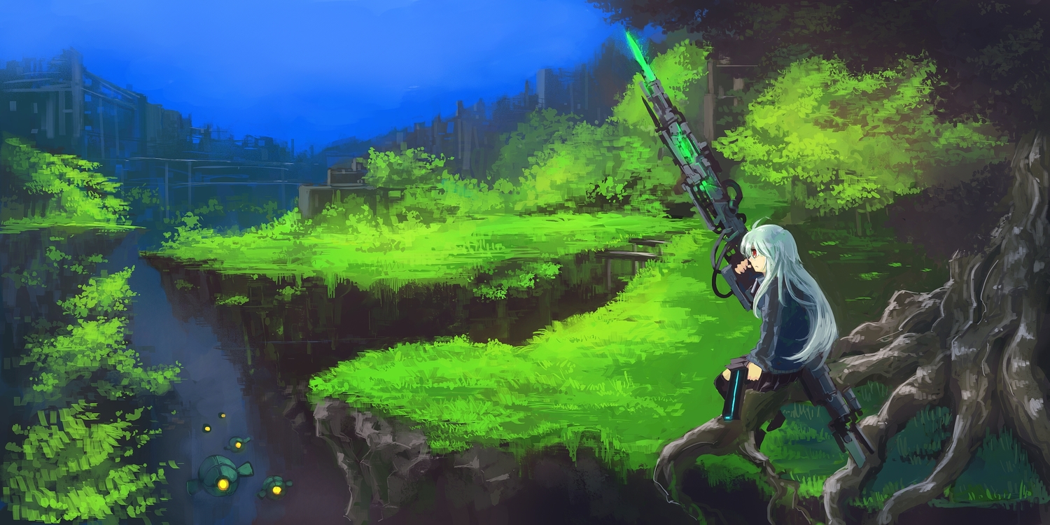 gun, landscape, original, red_eyes, rhodotorura, robot, scenic, school_uniform, stockings, thighhighs, tree, weapon