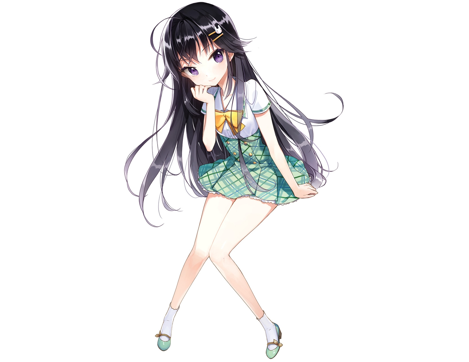 black_hair, bow, long_hair, original, purple_eyes, salt_(salty), school_uniform, socks, white