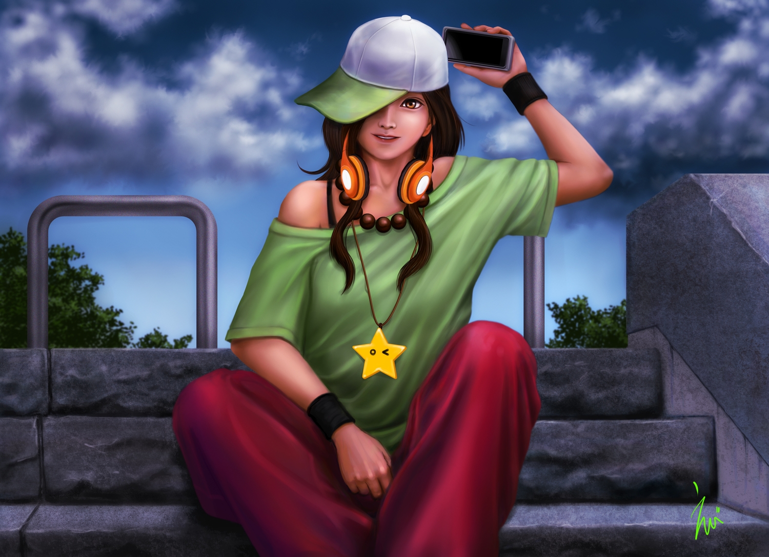 brown_eyes, brown_hair, clouds, eeotoko, gaen_izuko, hat, headphones, monogatari_(series), necklace, phone, signed, stairs