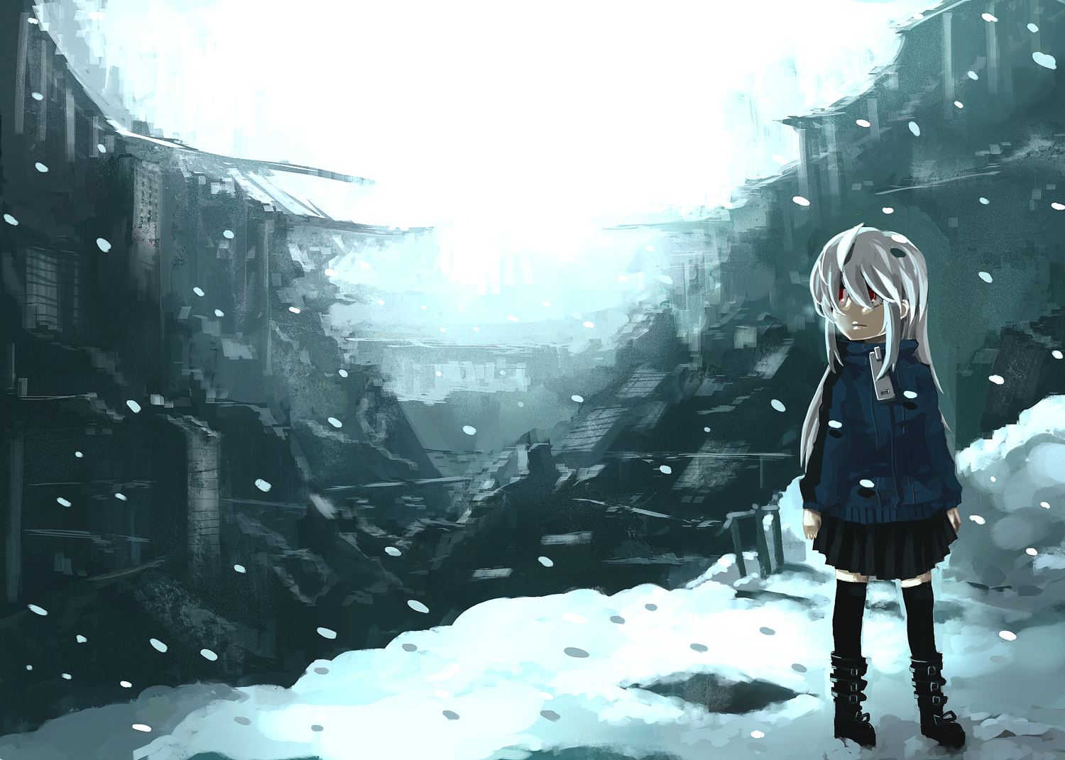 boots, landscape, original, red_eyes, rhodotorura, scenic, snow, thighhighs, white_hair, zettai_ryouiki