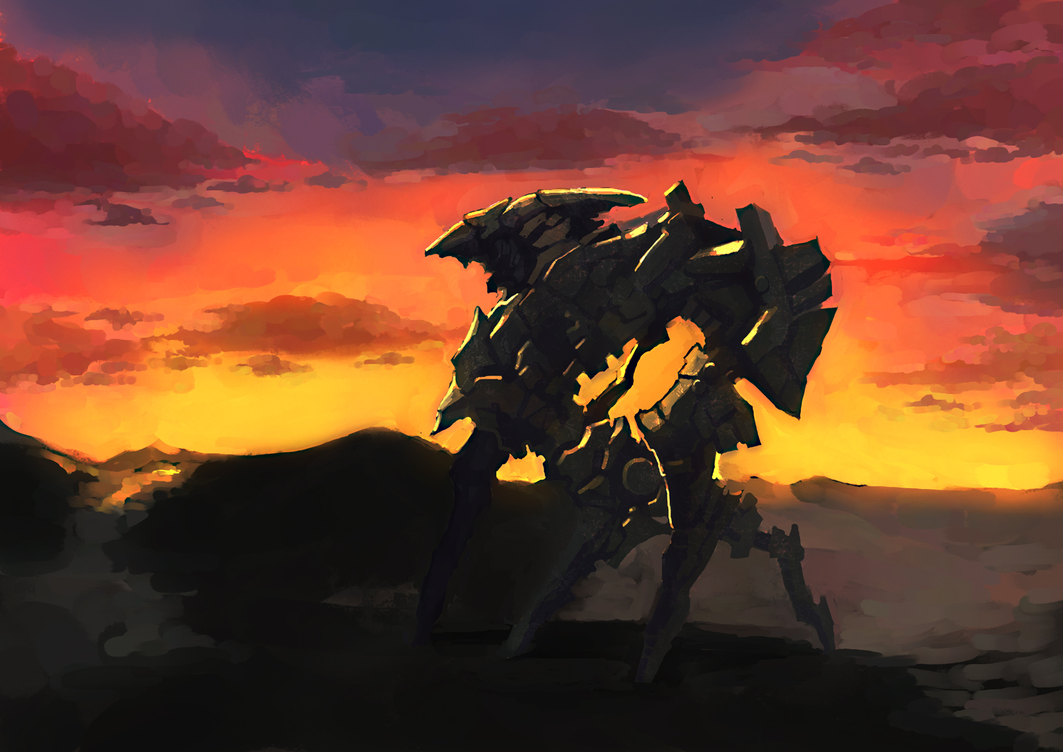 landscape, mecha, original, rhodotorura, scenic, sunset