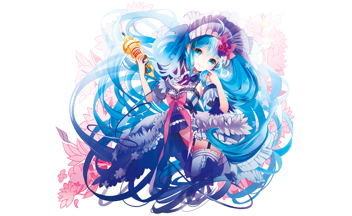 aqua_eyes, aqua_hair, dress, garter_belt, hatsune_miku, headdress, lolita_fashion, long_hair, shirako_mugi, stockings, vocaloid, white