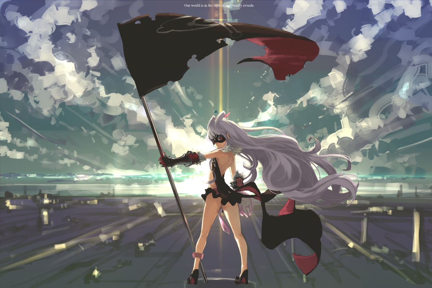 armor, gloves, gray_hair, hoshimiya_kate, kumonji_aruto, long_hair, mask, red_eyes, sekai_seifuku:_bouryaku_no_zvezda, skirt