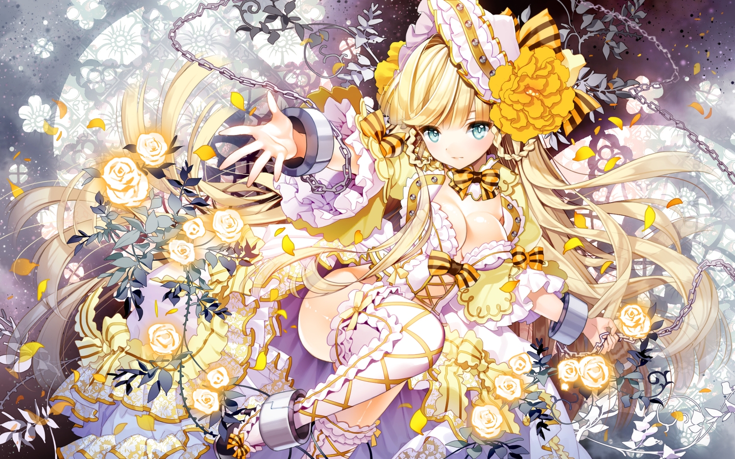 blonde_hair, blue_eyes, breasts, chain, cherrypin, cleavage, flowers, long_hair, original, petals, rose, shackles, thighhighs