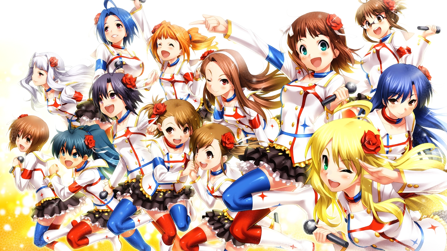 akizuki_ritsuko, amami_haruka, black_hair, blonde_hair, blue_eyes, boots, brown_eyes, brown_hair, choker, fang, flowers, futami_ami, futami_mami, ganaha_hibiki, glasses, green_eyes, group, hagiwara_yukiho, headband, hoshii_miki, idolmaster, idolmaster_movie, kikuchi_makoto, kisaragi_chihaya, long_hair, microphone, minase_iori, miura_azusa, ponytail, rose, shijou_takane, short_hair, skirt, takatsuki_yayoi, thighhighs, twins, twintails, white_hair, wink, zen