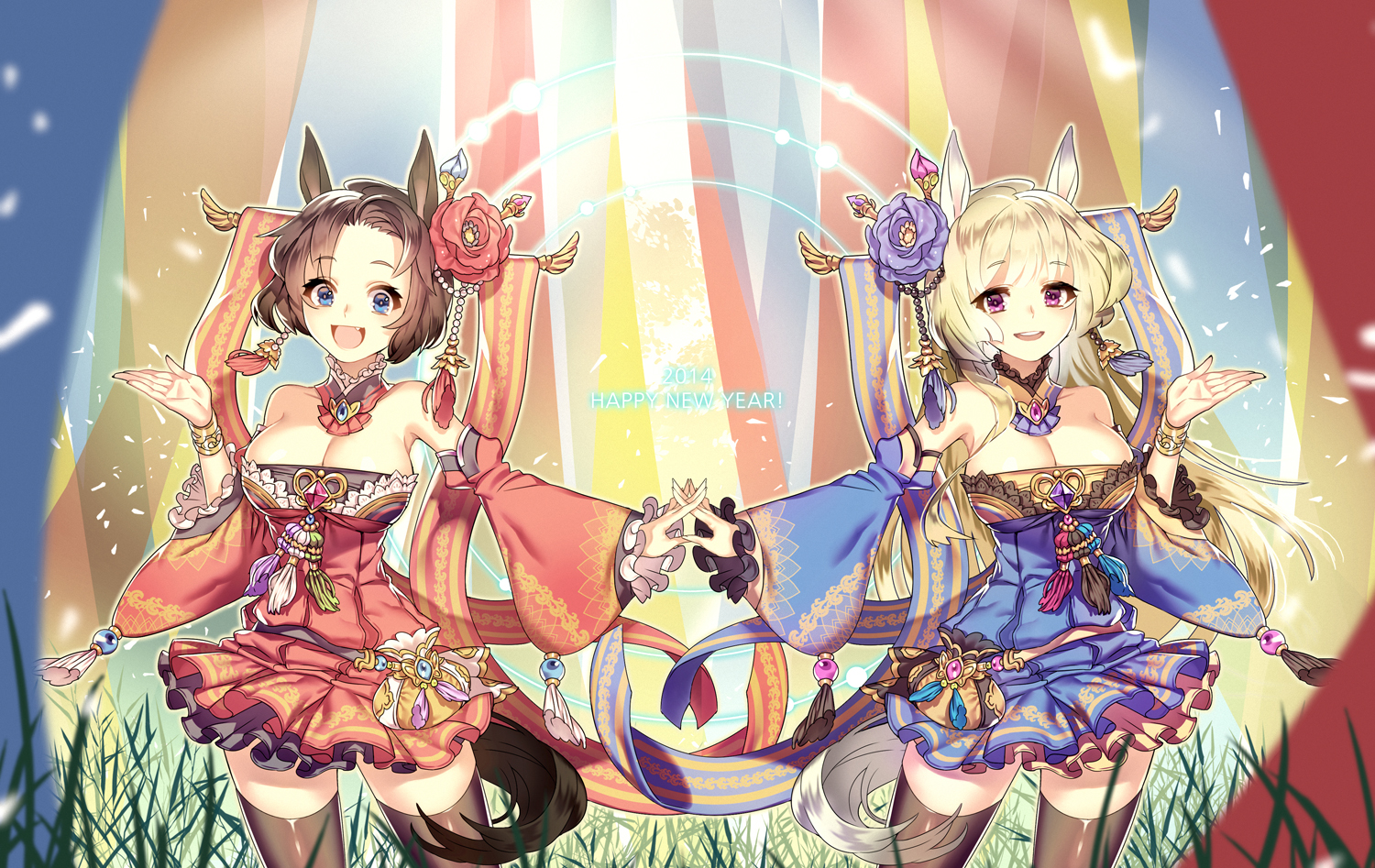 2girls, animal_ears, breasts, cleavage, erjung, grass, long_hair, original, short_hair, tail, zettai_ryouiki