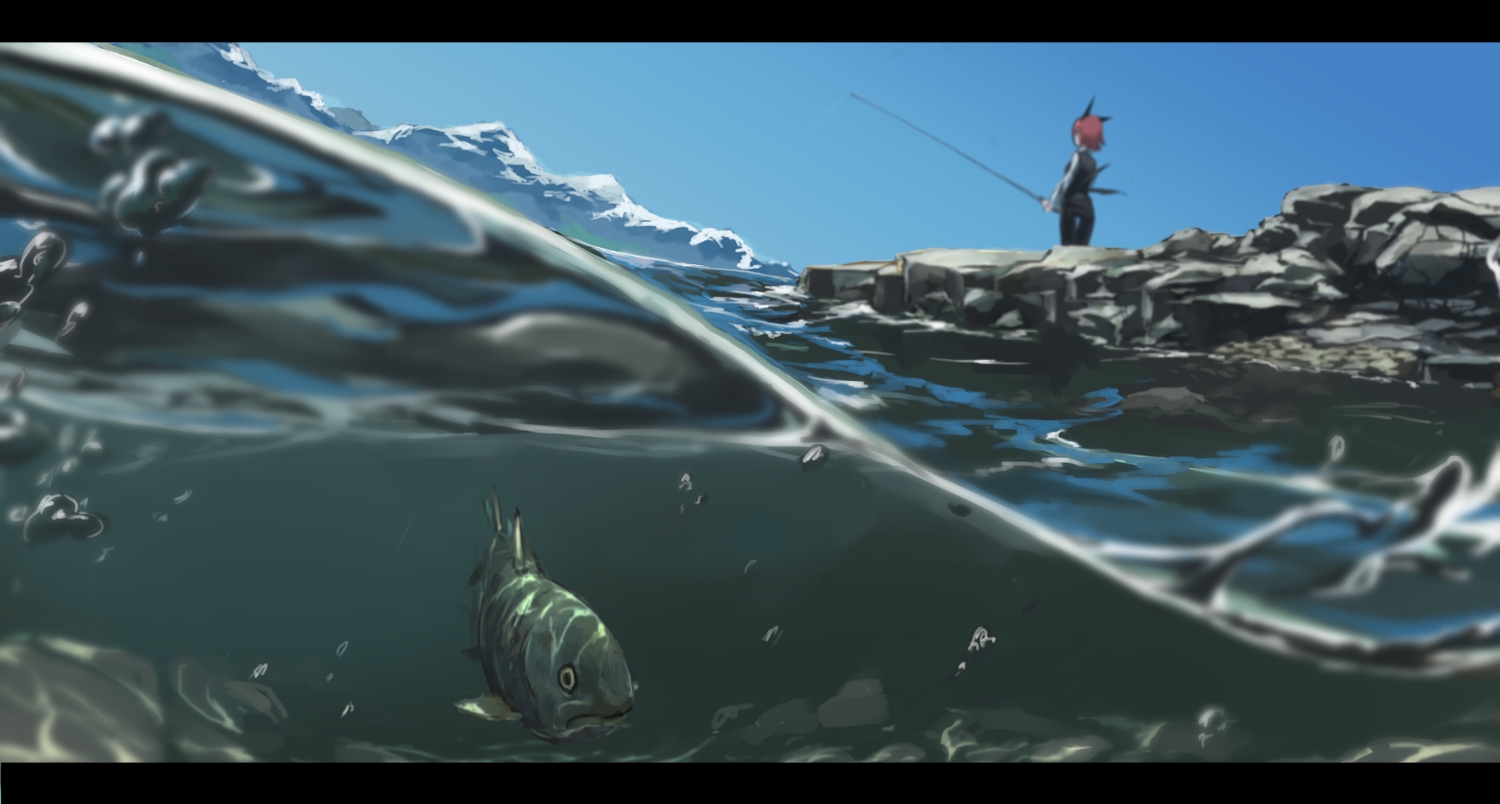 animal, bubbles, cacao_choco_mame, demon, fish, koakuma, red_hair, short_hair, touhou, underwater, water