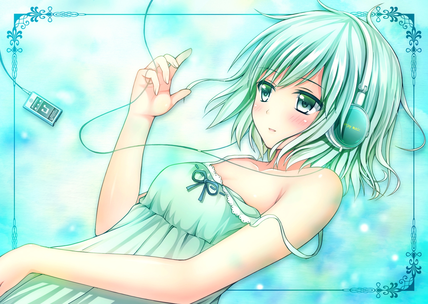 blush, green_eyes, green_hair, headphones, ipod, nakamura_sumikage, original, short_hair