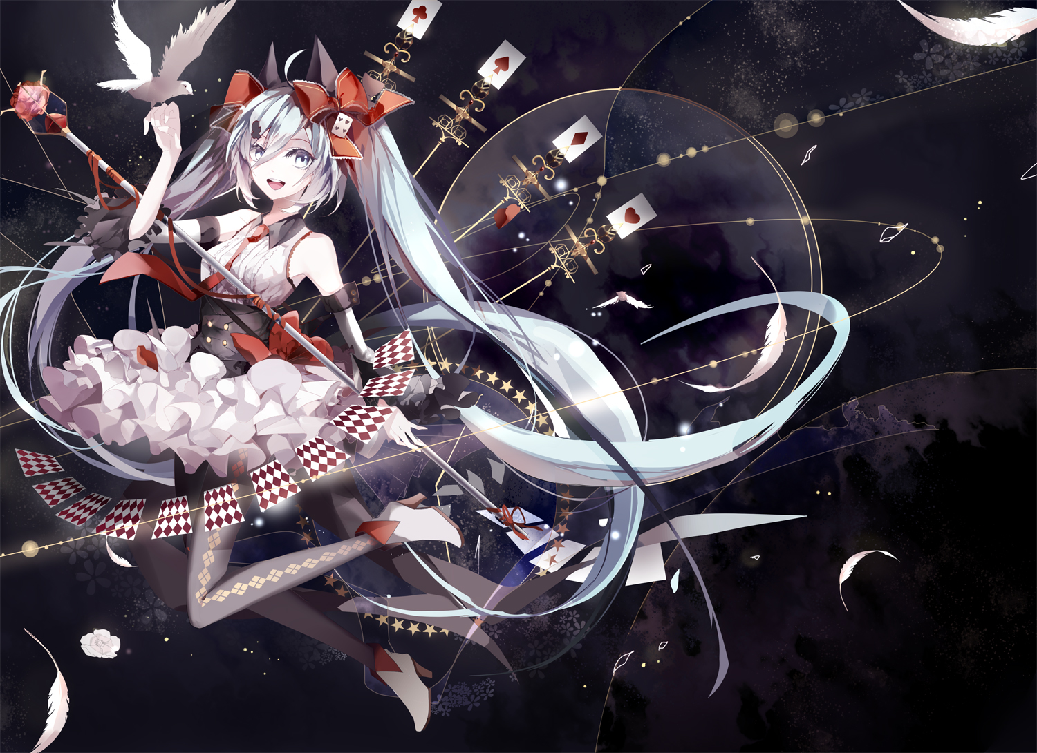amatsukiryoyu, bow, dress, elbow_gloves, feathers, gloves, hatsune_miku, long_hair, staff, twintails, vocaloid