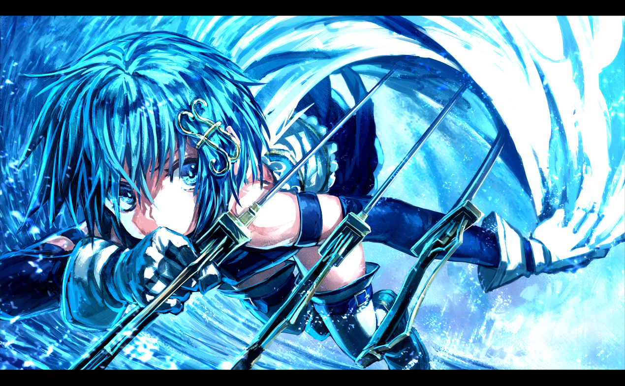 blue_eyes, blue_hair, cape, gloves, lain_(artist), mahou_shoujo_madoka_magica, miki_sayaka, short_hair