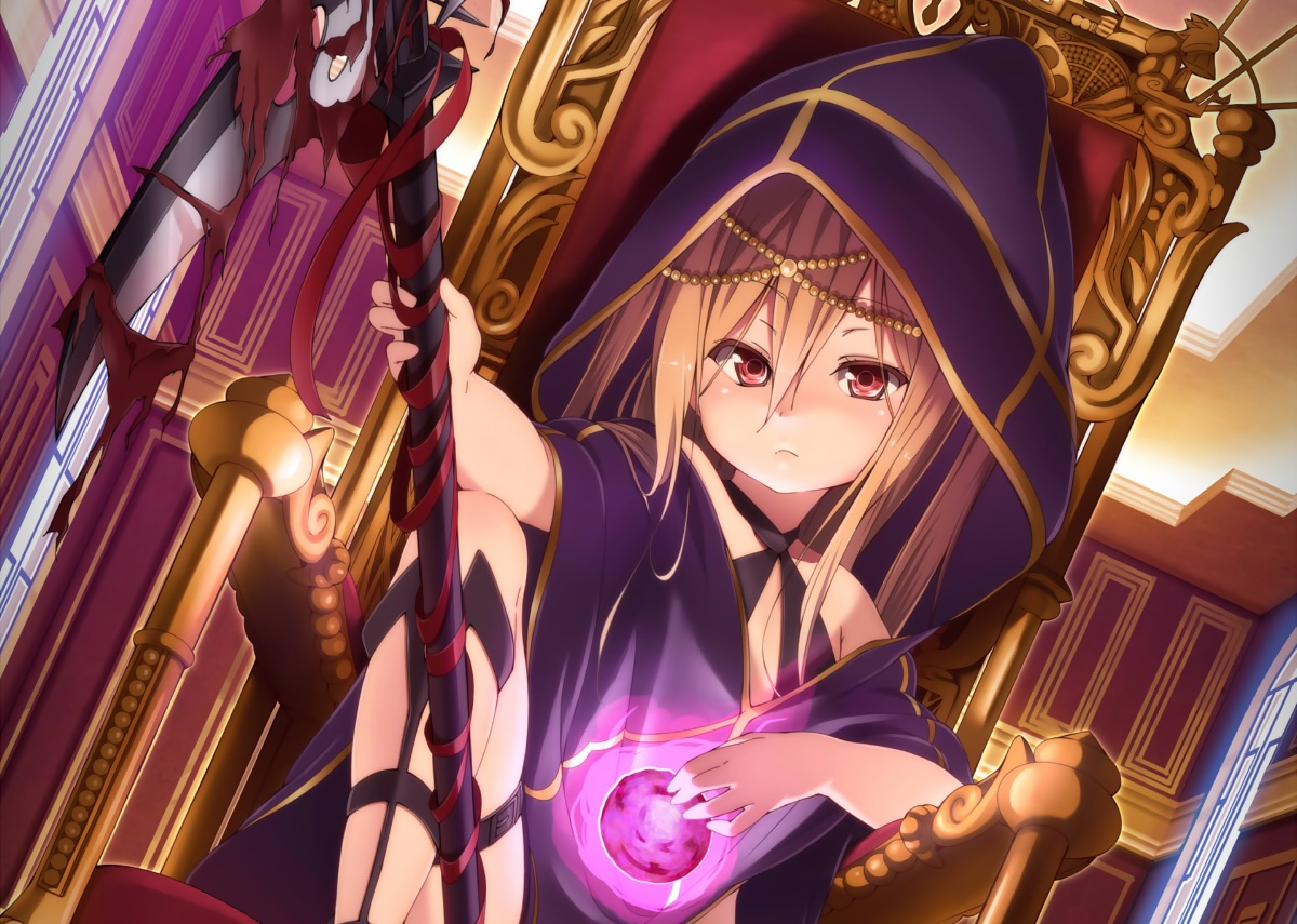 blonde_hair, brown_eyes, cropped, hinamizawa_(hina-sawa), hood, long_hair, magic, makai_gakuen_catastrophe, scythe, weapon