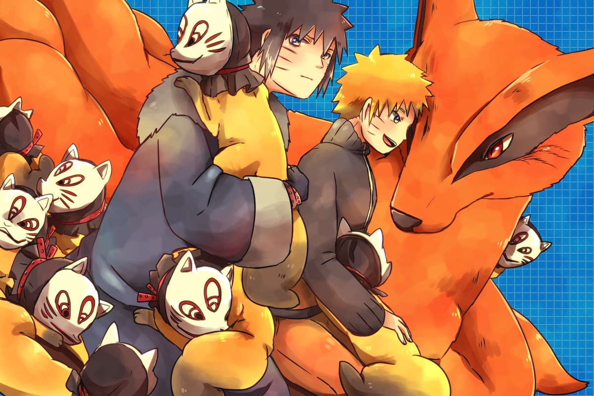 all_male, animal, black_hair, blonde_hair, blue_eyes, cat, kurama_(naruto), male