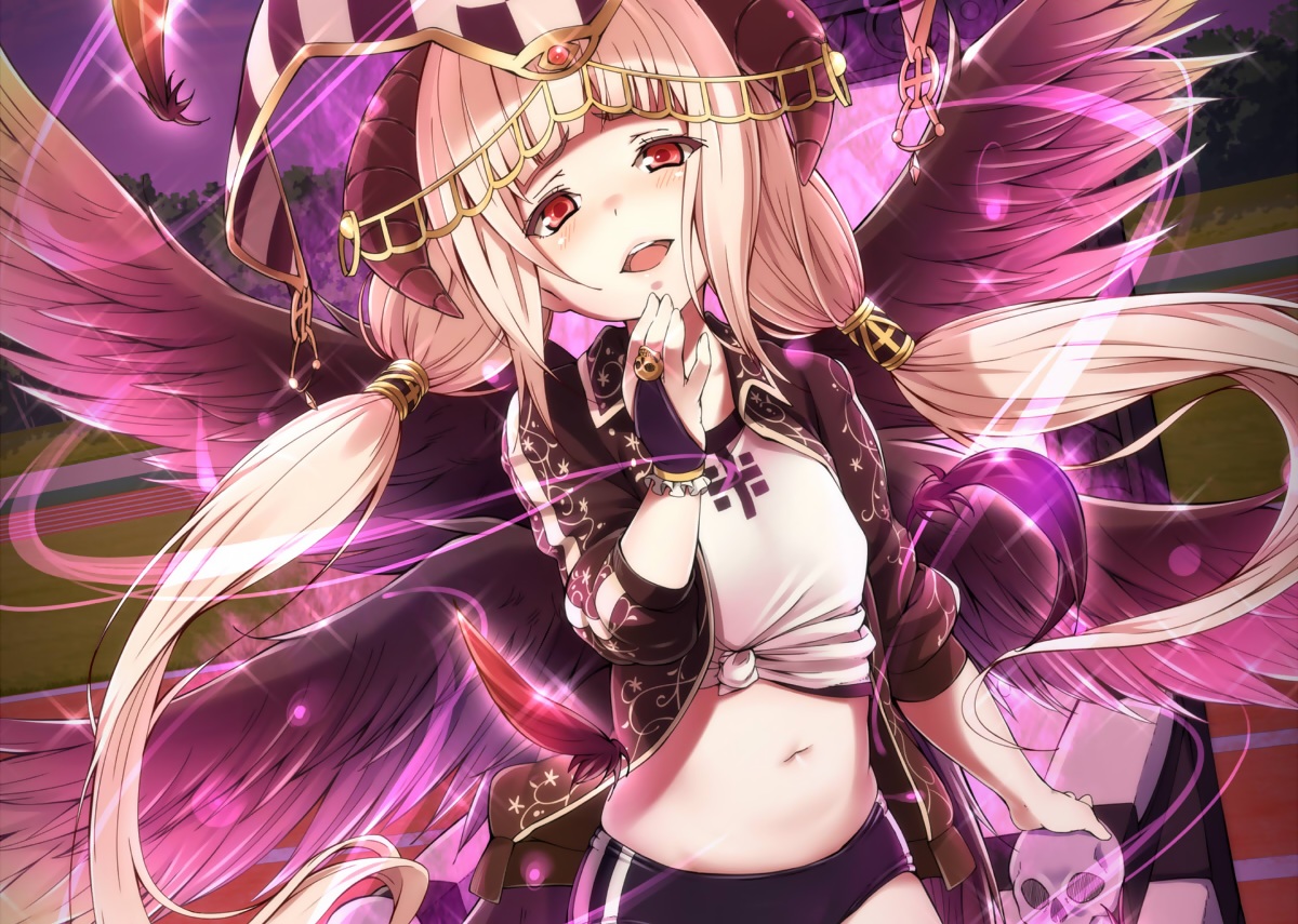 blonde_hair, blush, cropped, gym_uniform, headdress, hinamizawa_(hina-sawa), horns, long_hair, makai_gakuen_catastrophe, navel, red_eyes, skull, twintails, wings