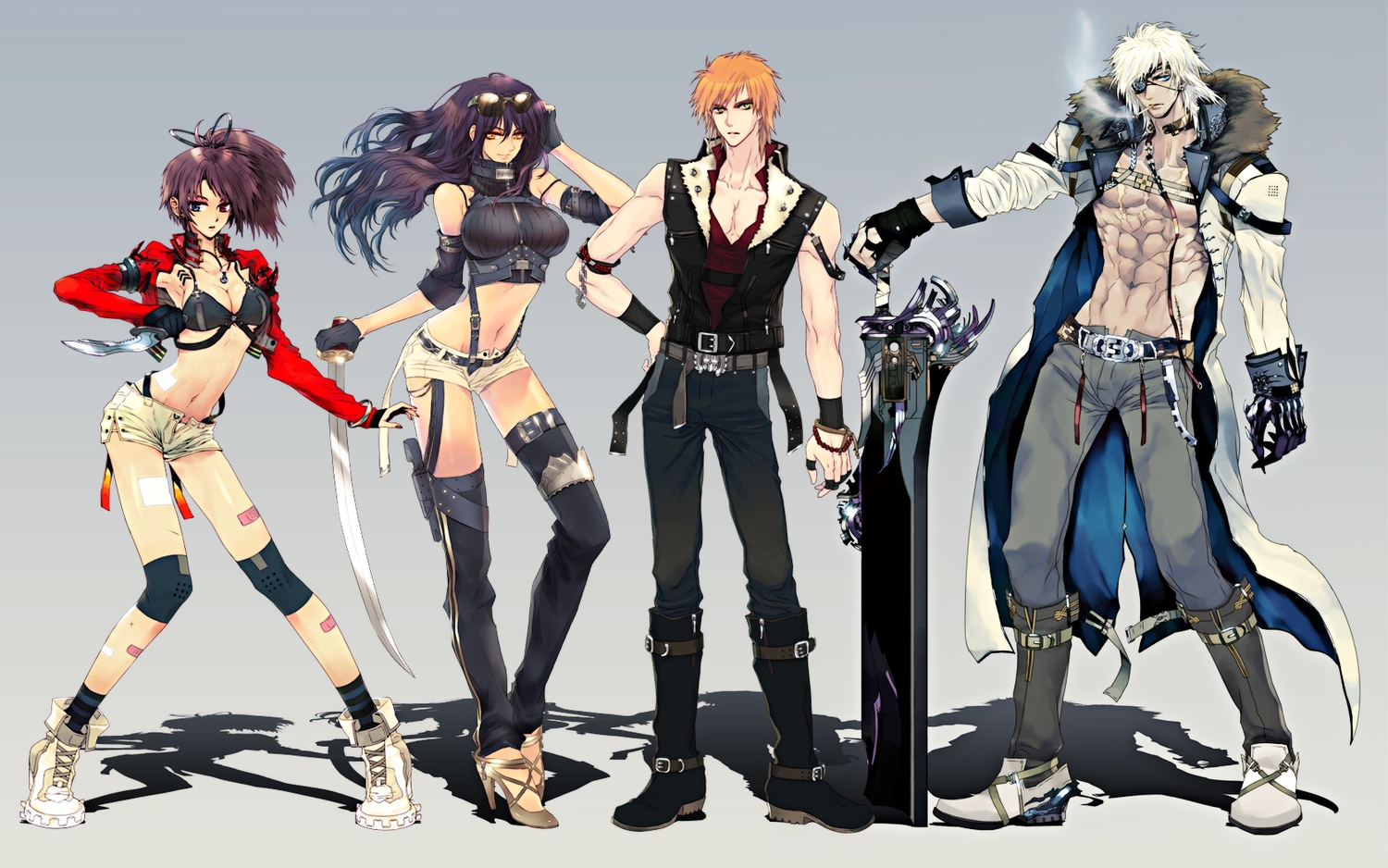 aqua_eyes, bandaid, bicolored_eyes, bikini_top, black_hair, boots, brown_hair, chain, cigarette, eyepatch, gloves, gray, green_eyes, group, gun, katana, knife, long_hair, male, navel, necklace, open_shirt, orange_eyes, orange_hair, original, ponytail, scar, short_hair, shorts, smoking, socks, sunglasses, su_(noonrema), sword, thighhighs, weapon, white_hair, wristwear