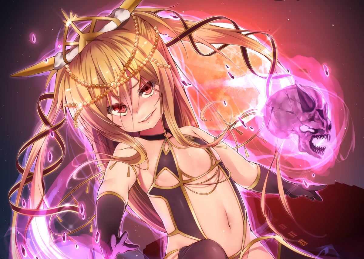 blonde_hair, brown_eyes, cropped, elbow_gloves, flat_chest, gloves, hinamizawa_(hina-sawa), horns, makai_gakuen_catastrophe, navel, skull, twintails