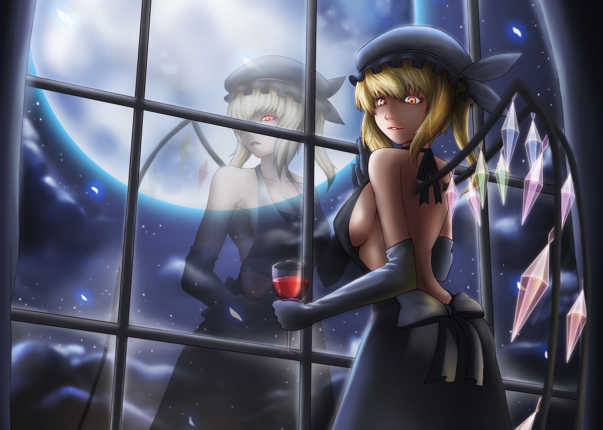 blonde_hair, bow, breasts, cleavage, dress, drink, elbow_gloves, flandre_scarlet