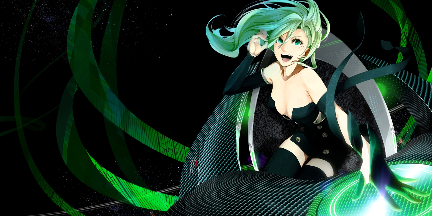 breasts, cleavage, gray_hair, green_eyes, long_hair, original, poaro