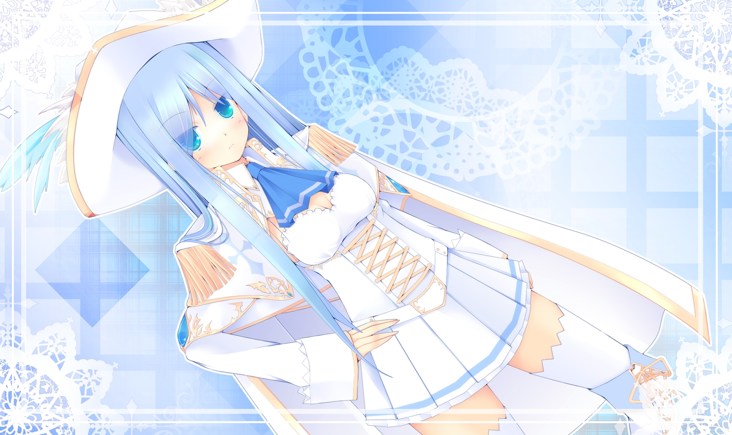 aqua_eyes, blue_hair, cape, hat, kuon_itsuki, long_hair, original, thighhighs
