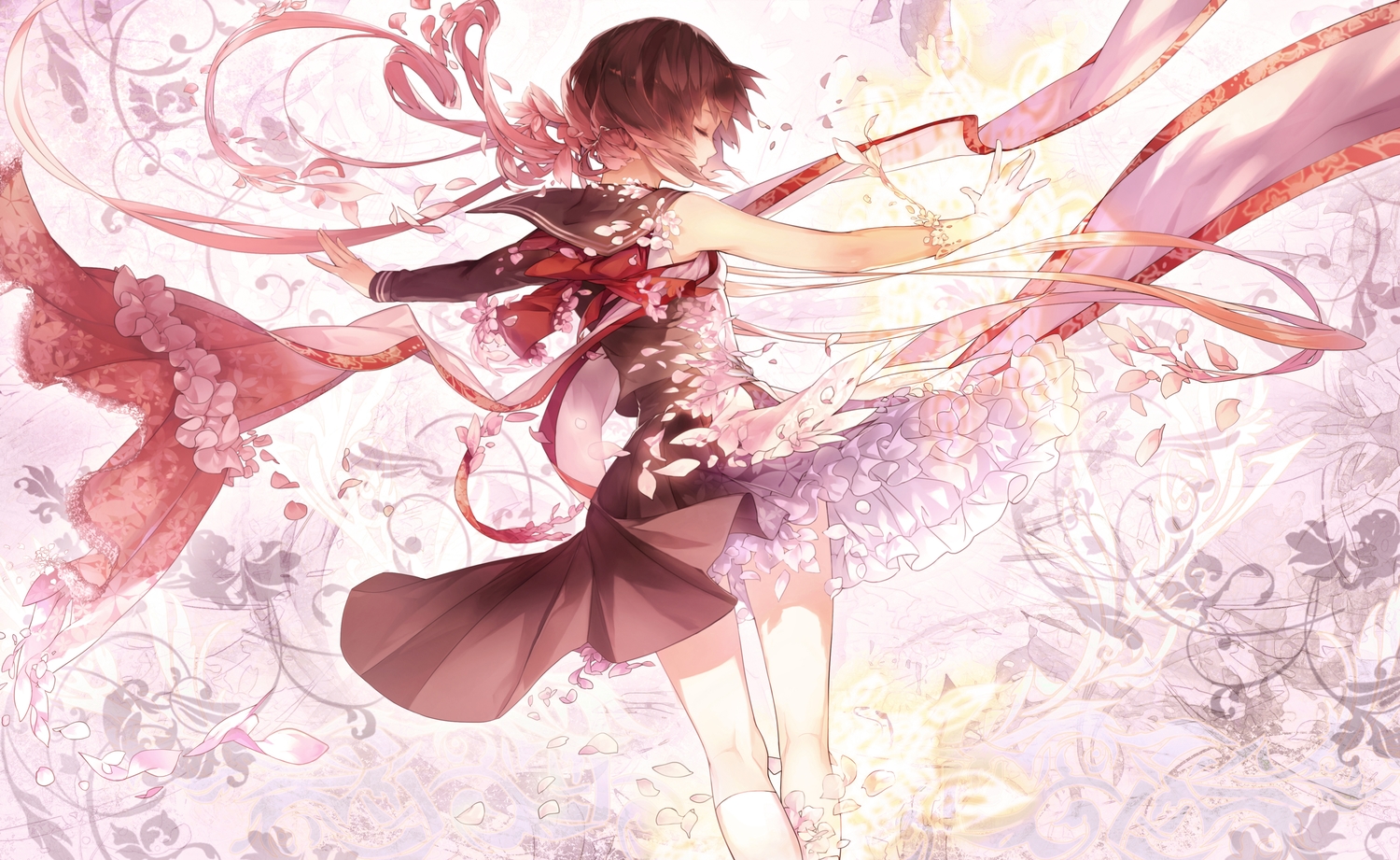 comin, dress, gloves, mahou_shoujo_taisen, petals, school_uniform, short_hair