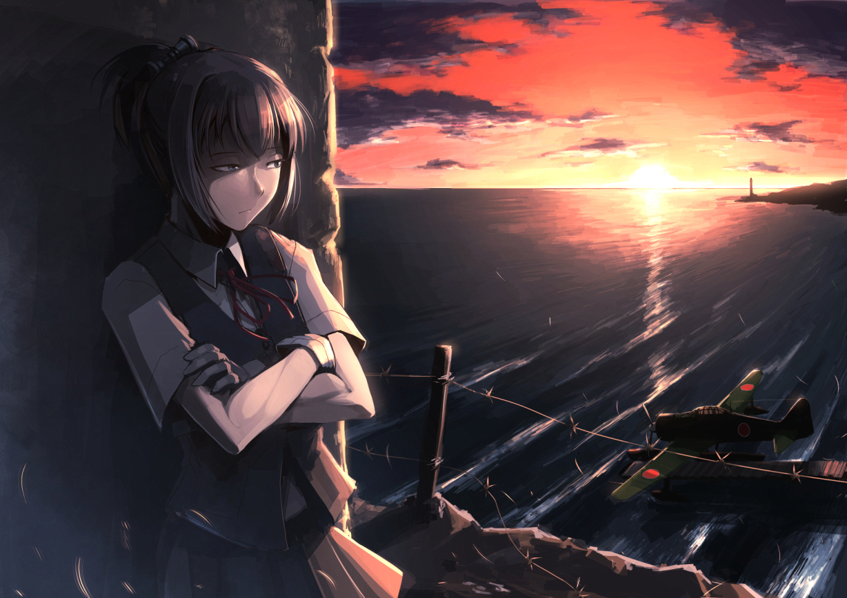 aircraft, anthropomorphism, black_hair, equipments_fairy_(kancolle), gloves, hellshock, kantai_collection, lighthouse