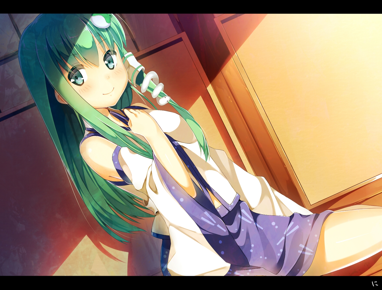 blush, green_eyes, green_hair, japanese_clothes, kochiya_sanae, long_hair, miko, niwashi_(yuyu), touhou