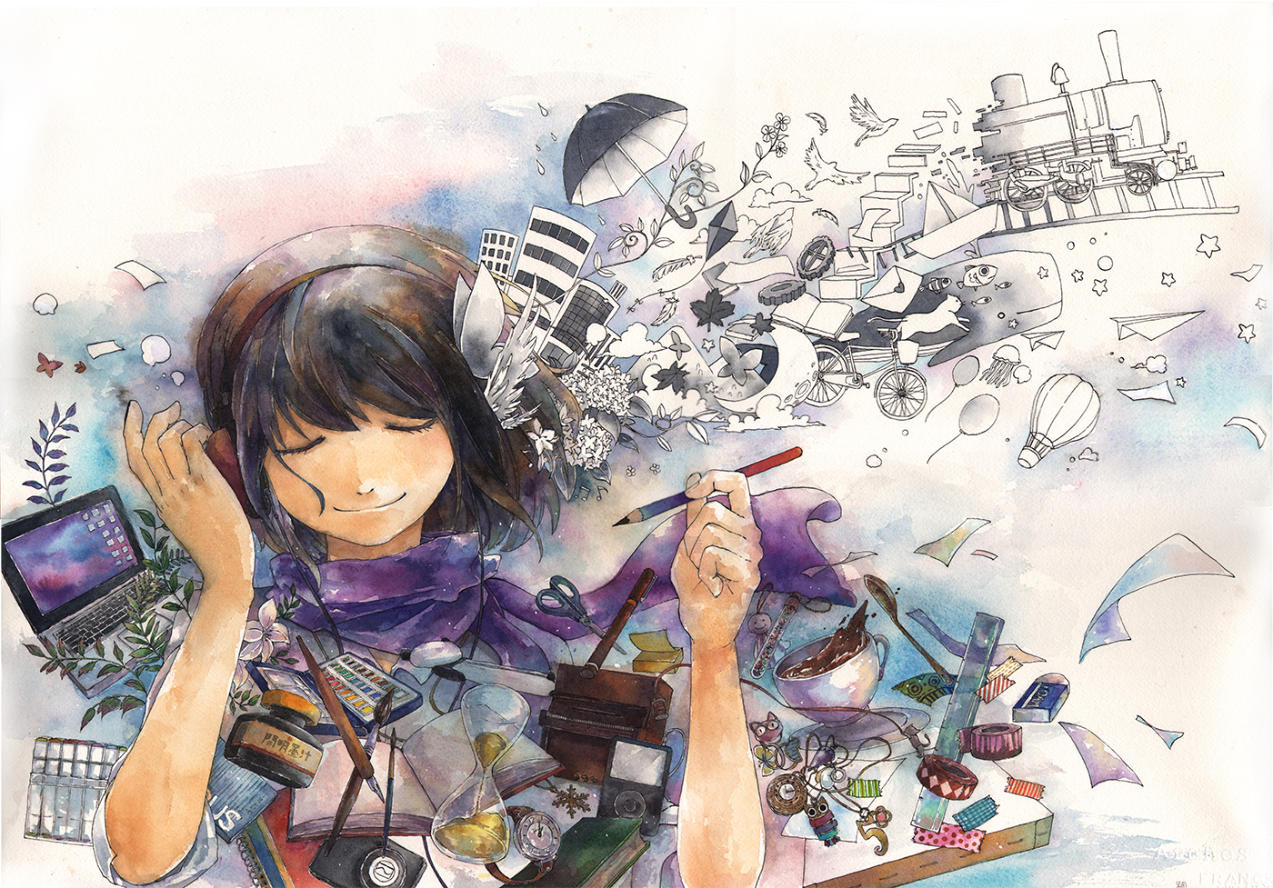 black_hair, headphones, ipod, mooku, original, scarf, watermark