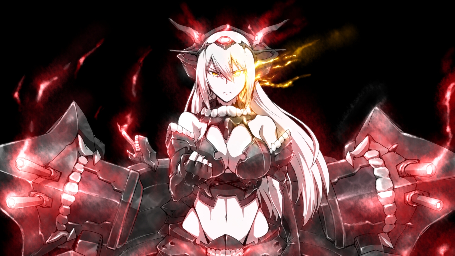 anthropomorphism, breasts, cleavage, elbow_gloves, gloves, harukon_(halcon), kantai_collection, long_hair, nagato_(kancolle), navel, white_hair, yellow_eyes