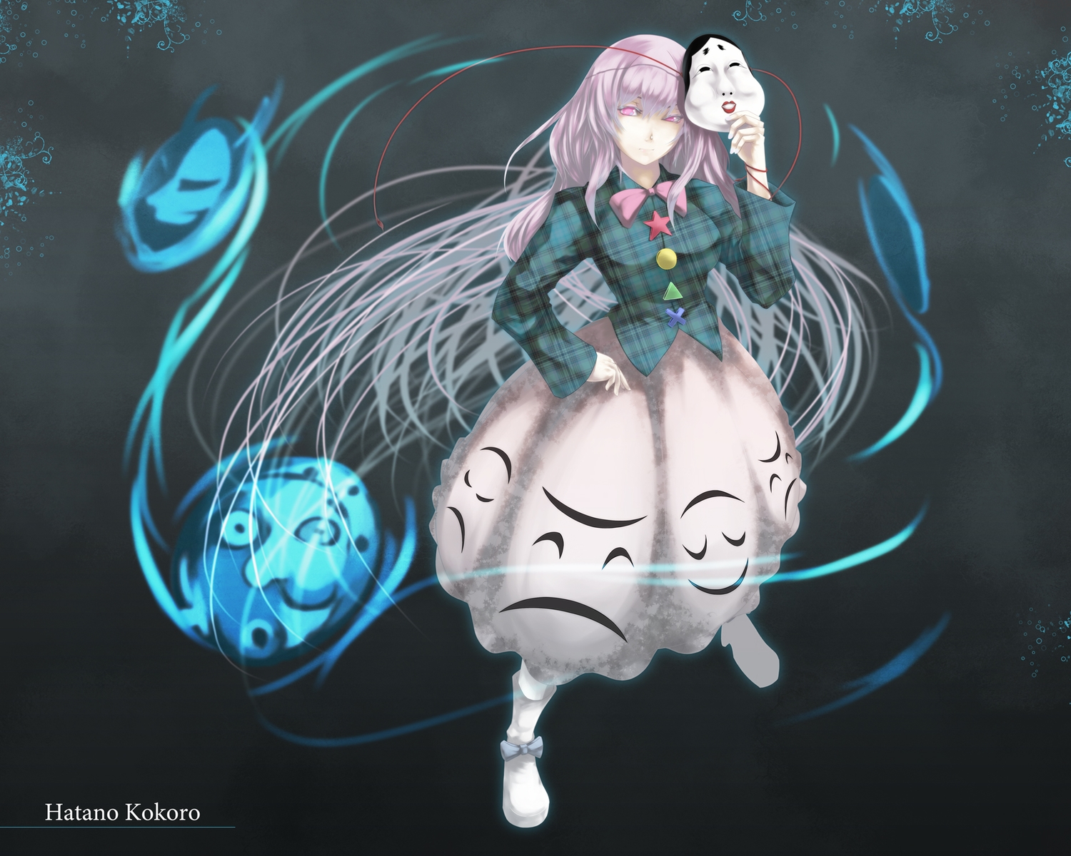 bow, dress, hata_no_kokoro, long_hair, mask, muchakushoku, pink_eyes, pink_hair