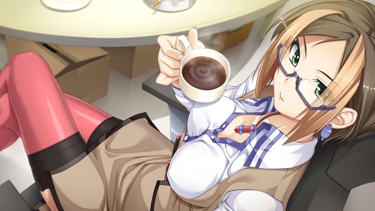brown_hair, cigarette, drink, game_cg, garden_soft, glasses, green_eyes, hino_sakiko, love_replica, necklace, short_hair, takada_kazuhiro, thighhighs