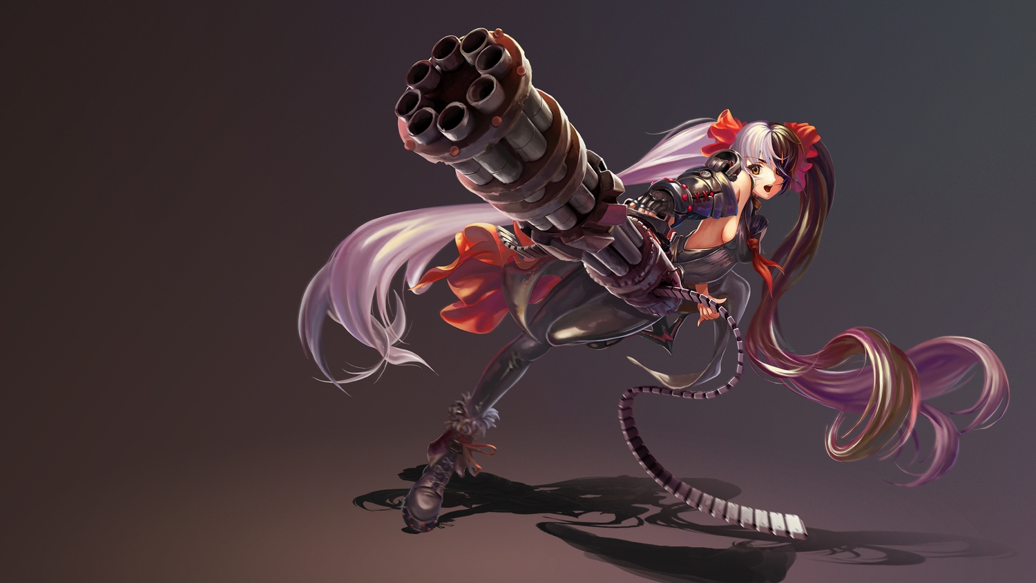 blade_&_soul, boots, breasts, brown_eyes, gun, long_hair, po_hwa_ran, sideboob