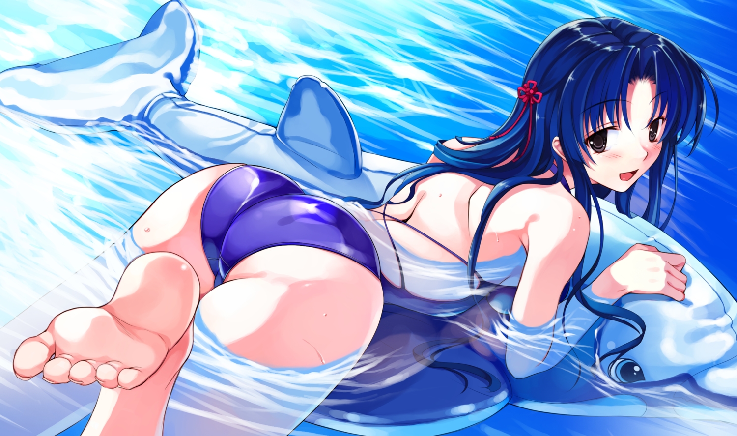 abhar, animal, ass, barefoot, black_eyes, blue_hair, blush, deep_blue_sky_&_pure_white_wings, fish, game_cg, koga_sayoko, long_hair, misaki_kurehito, ribbons, swimsuit, water, wet