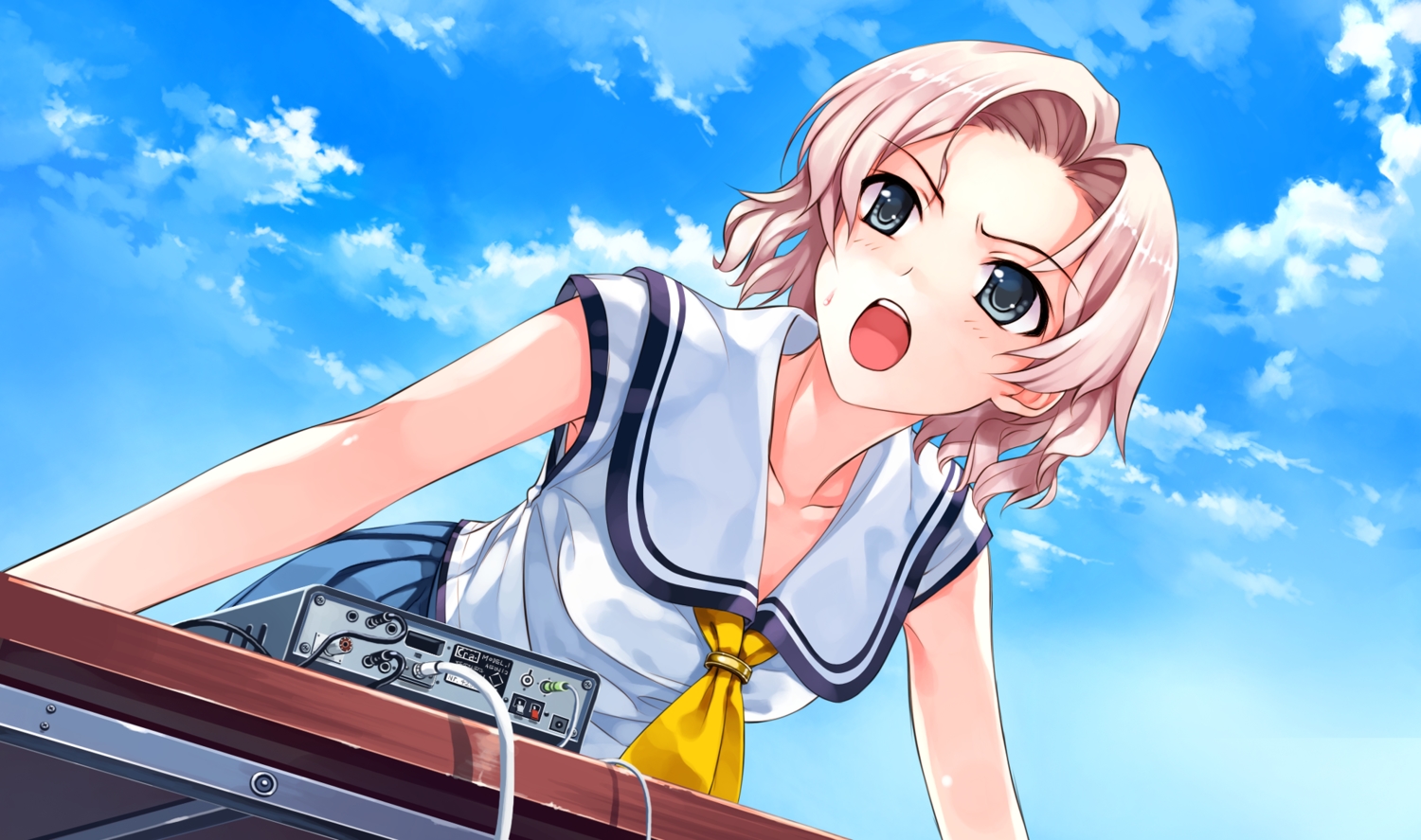 abhar, blonde_hair, blue_eyes, blush, clouds, deep_blue_sky_&_pure_white_wings, game_cg, hanami_mariya, headphones, microphone, misaki_kurehito, school_uniform, short_hair, sky