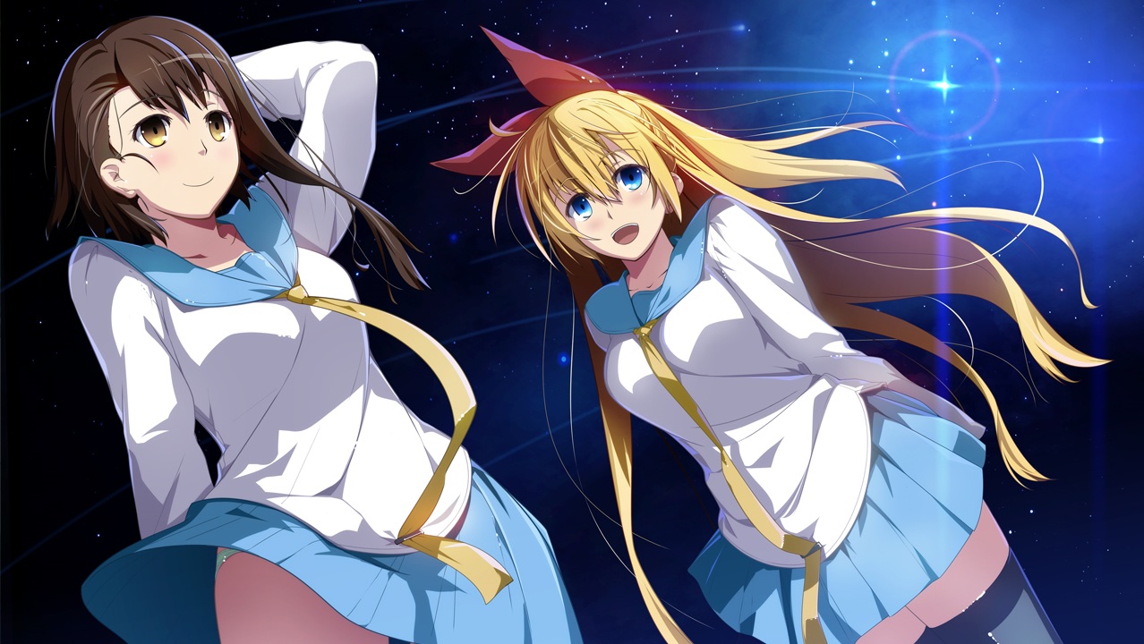 2girls, blonde_hair, blue_eyes, bow, brown_hair, kirisaki_chitoge, long_hair, nisekoi, onodera_kosaki, panties, school_uniform, skirt, sky, space, stars, thighhighs, tie, underwear, yellow_eyes, yoshida_takuma, zettai_ryouiki