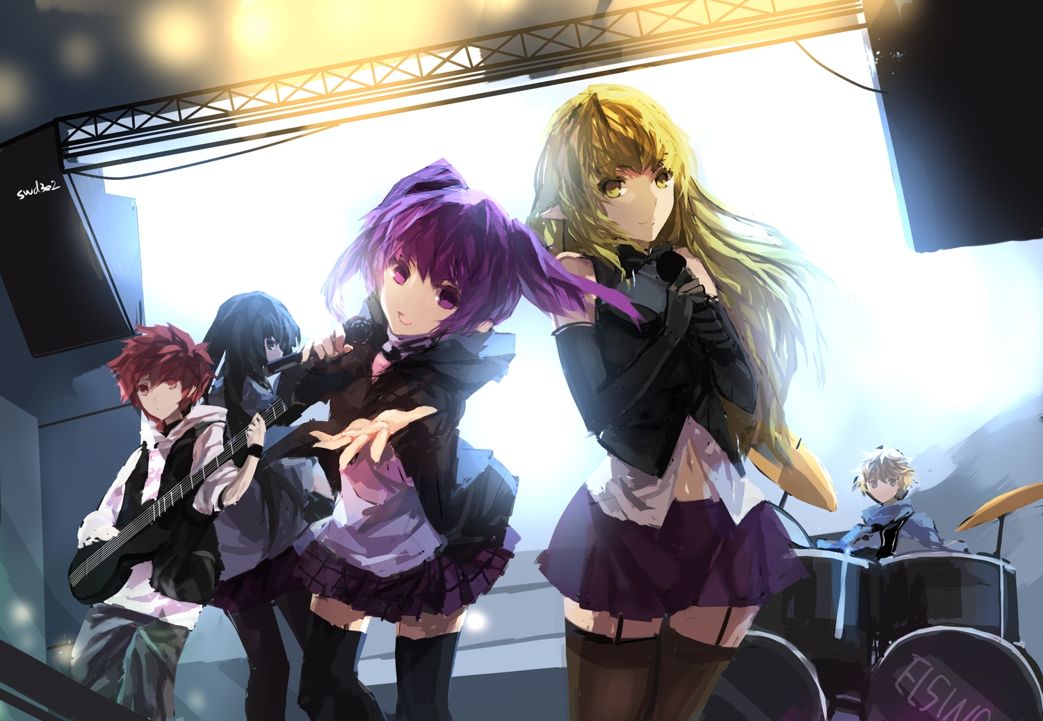 aisha_(elsword), black_eyes, black_hair, blonde_hair, blue_eyes, chung_(elsword), drums, elbow_gloves