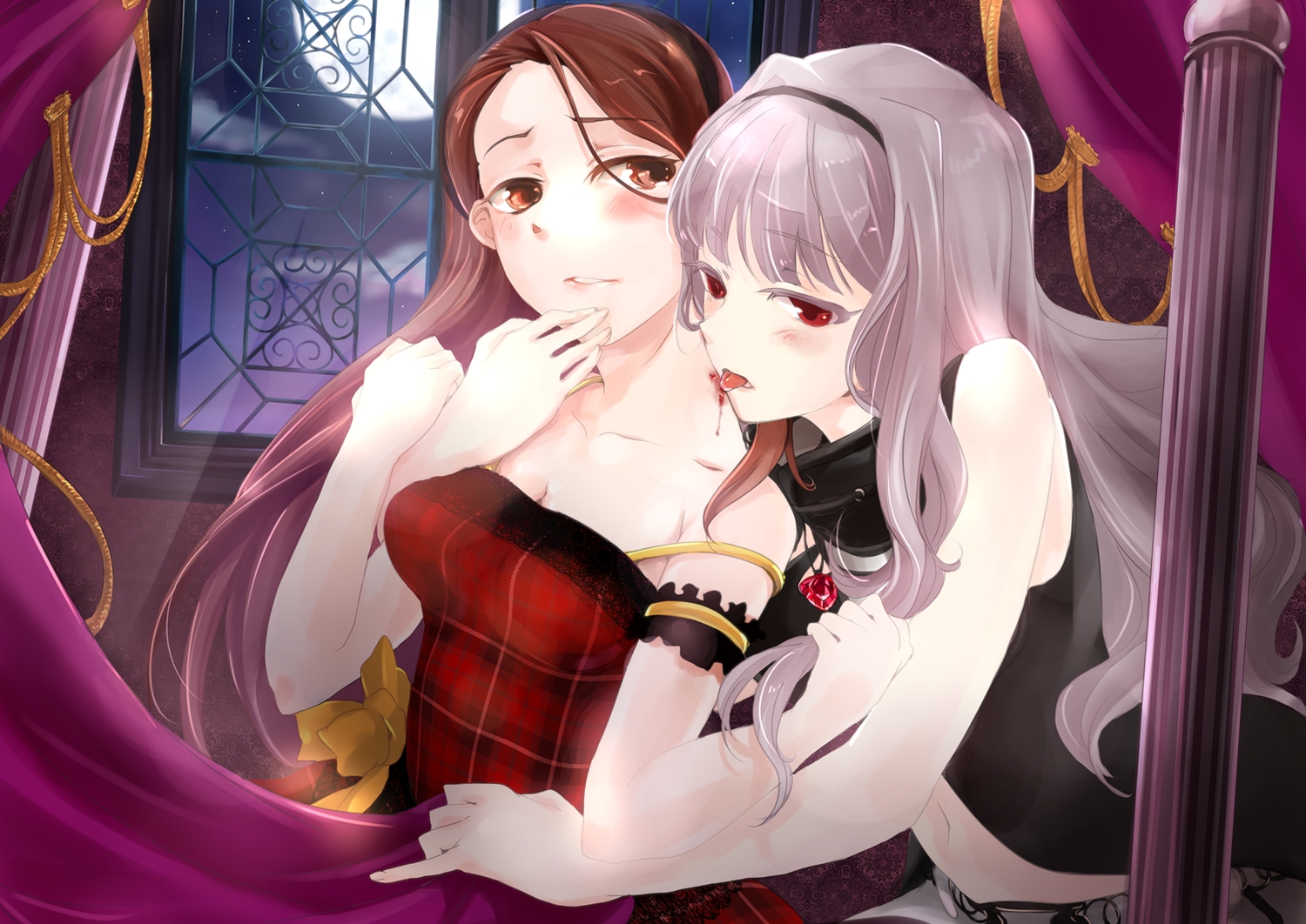 2girls, blood, blush, breasts, cleavage, idolmaster, long_hair, minase_iori, mosuke, shijou_takane, shoujo_ai, vampire