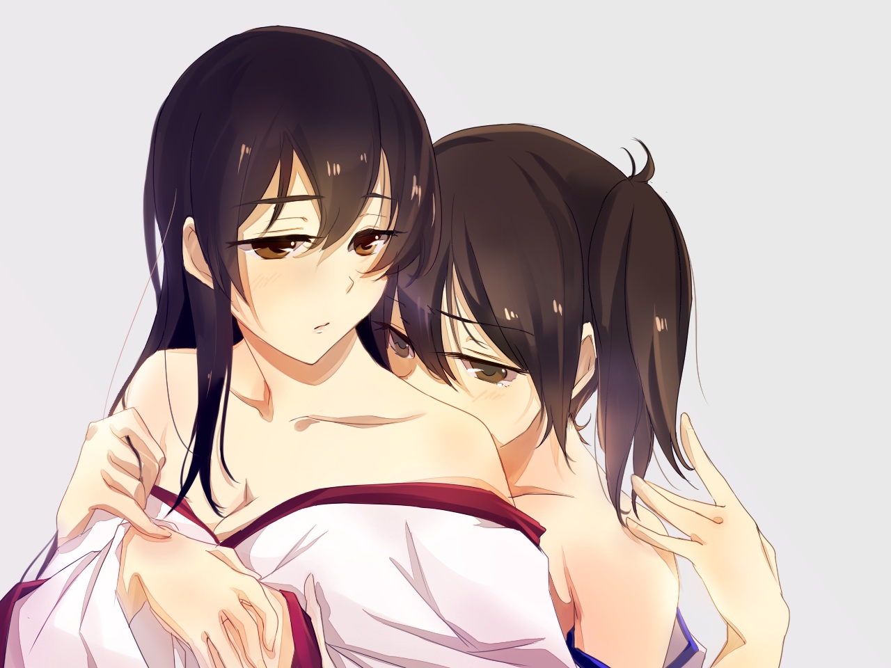 2girls, akagi_(kancolle), anthropomorphism, brown_eyes, brown_hair, kaga_(kancolle), kantai_collection, long_hair, mosuke, ponytail, shoujo_ai