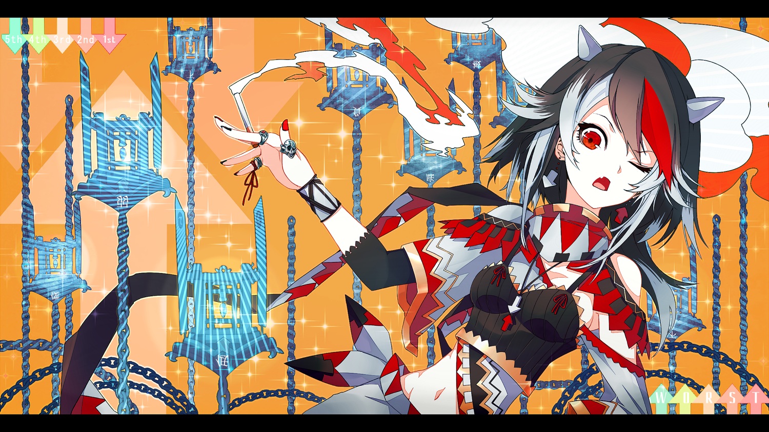 black_hair, cigarette, fang, kijin_seija, kusakanmuri, navel, red_eyes, short_hair