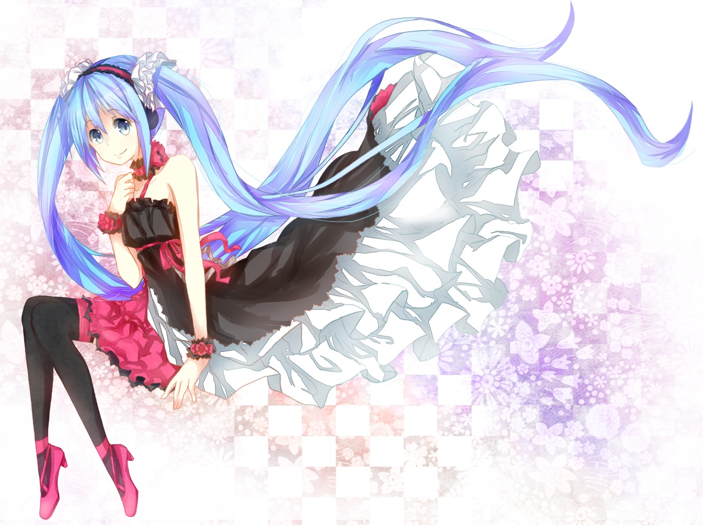 blue_hair, choker, dress, hatsune_miku, headdress, lolita_fashion, long_hair, meggy0939, thighhighs, twintails, vocaloid