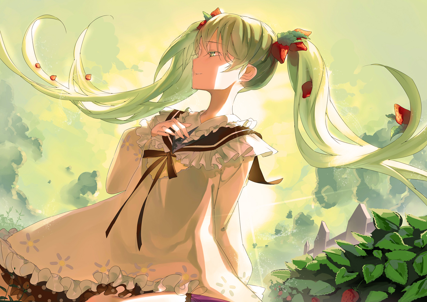 canegouzi, dress, food, fruit, green_eyes, green_hair, hatsune_miku, long_hair