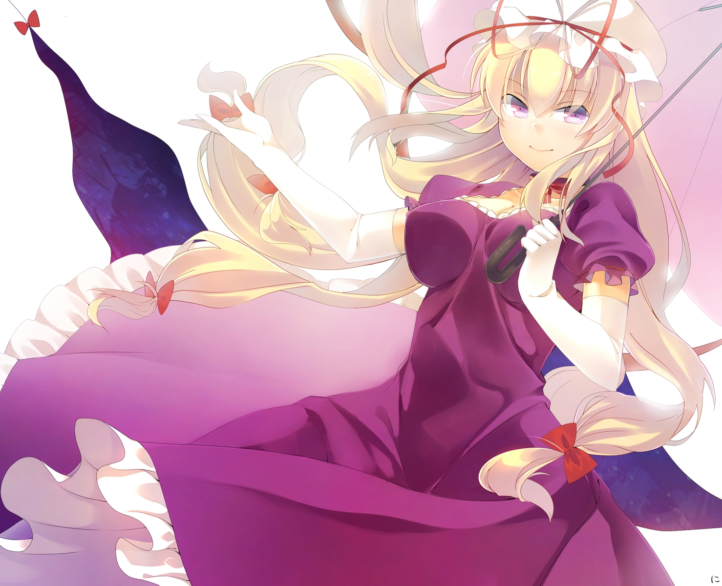 blonde_hair, dress, elbow_gloves, gloves, long_hair, niwashi_(yuyu), purple_eyes, touhou