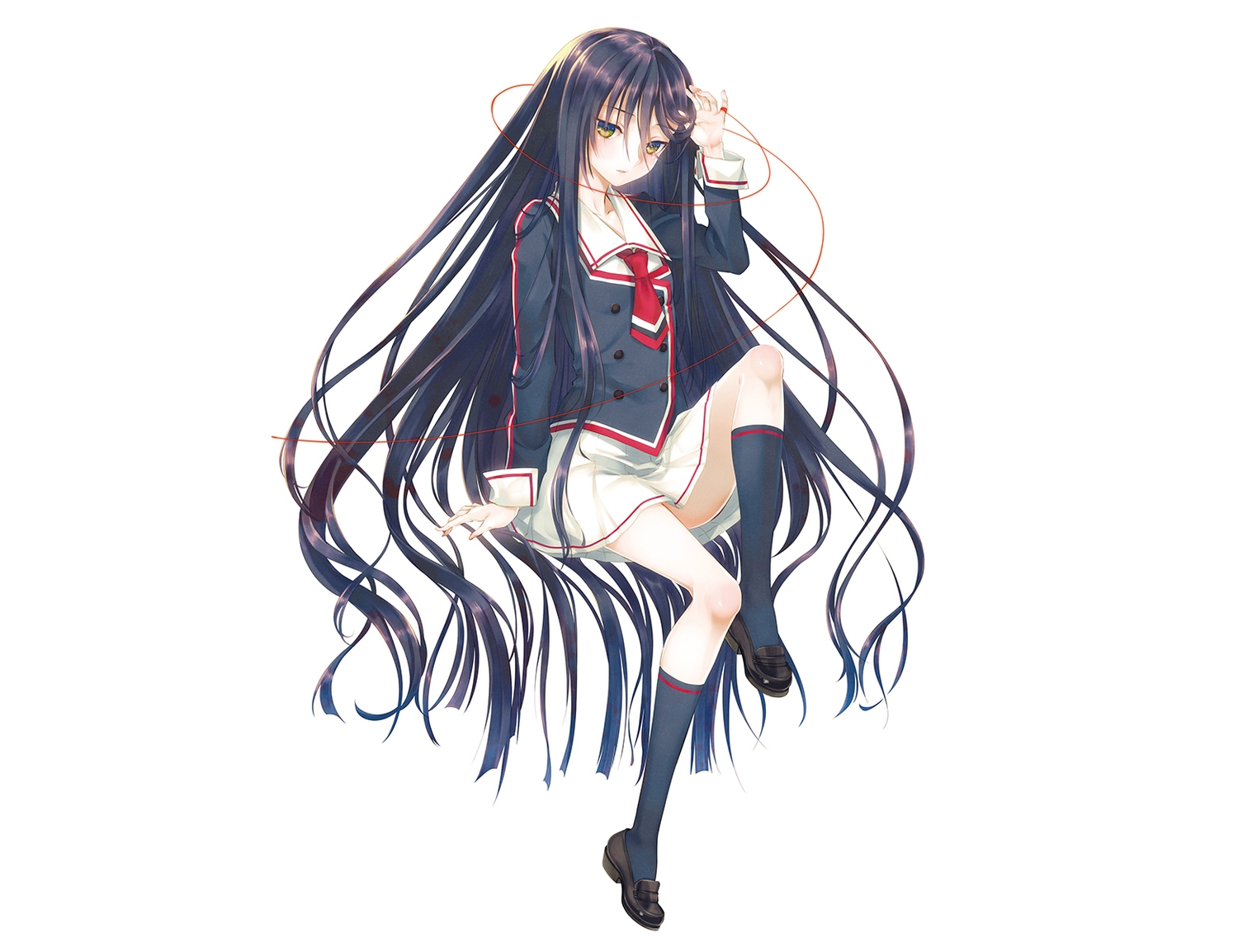 brown_hair, green_eyes, kneehighs, long_hair, namanie, original, school_uniform, skirt