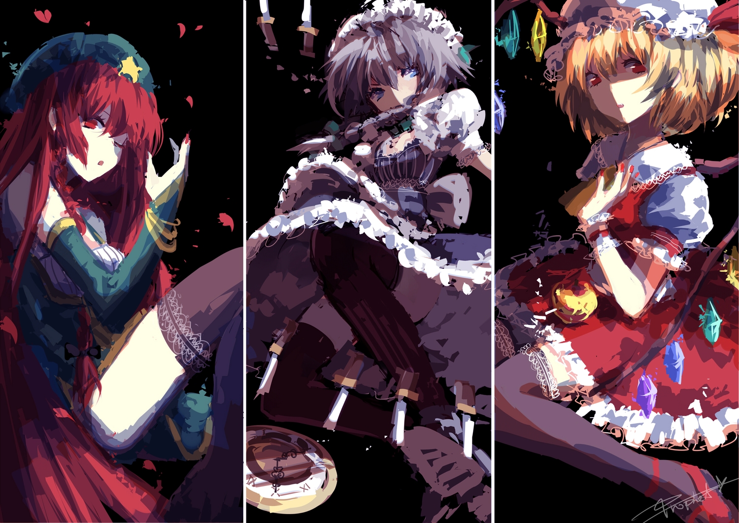 blonde_hair, blue_eyes, braids, dress, flandre_scarlet, hat, headdress, hong_meiling