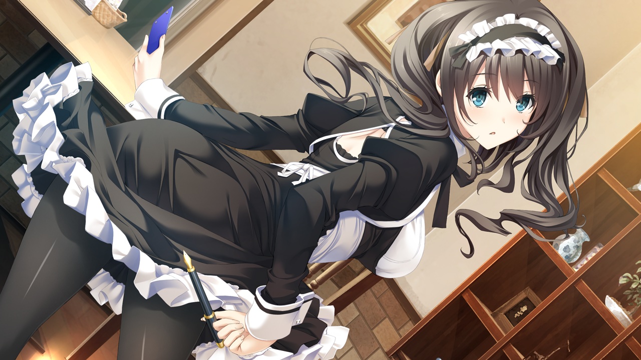 aikawa_arisa_(kiss_ato), blue_eyes, brown_hair, game_cg, giga, headband, kiss_ato, long_hair, maid, pantyhose, tagme_(artist)