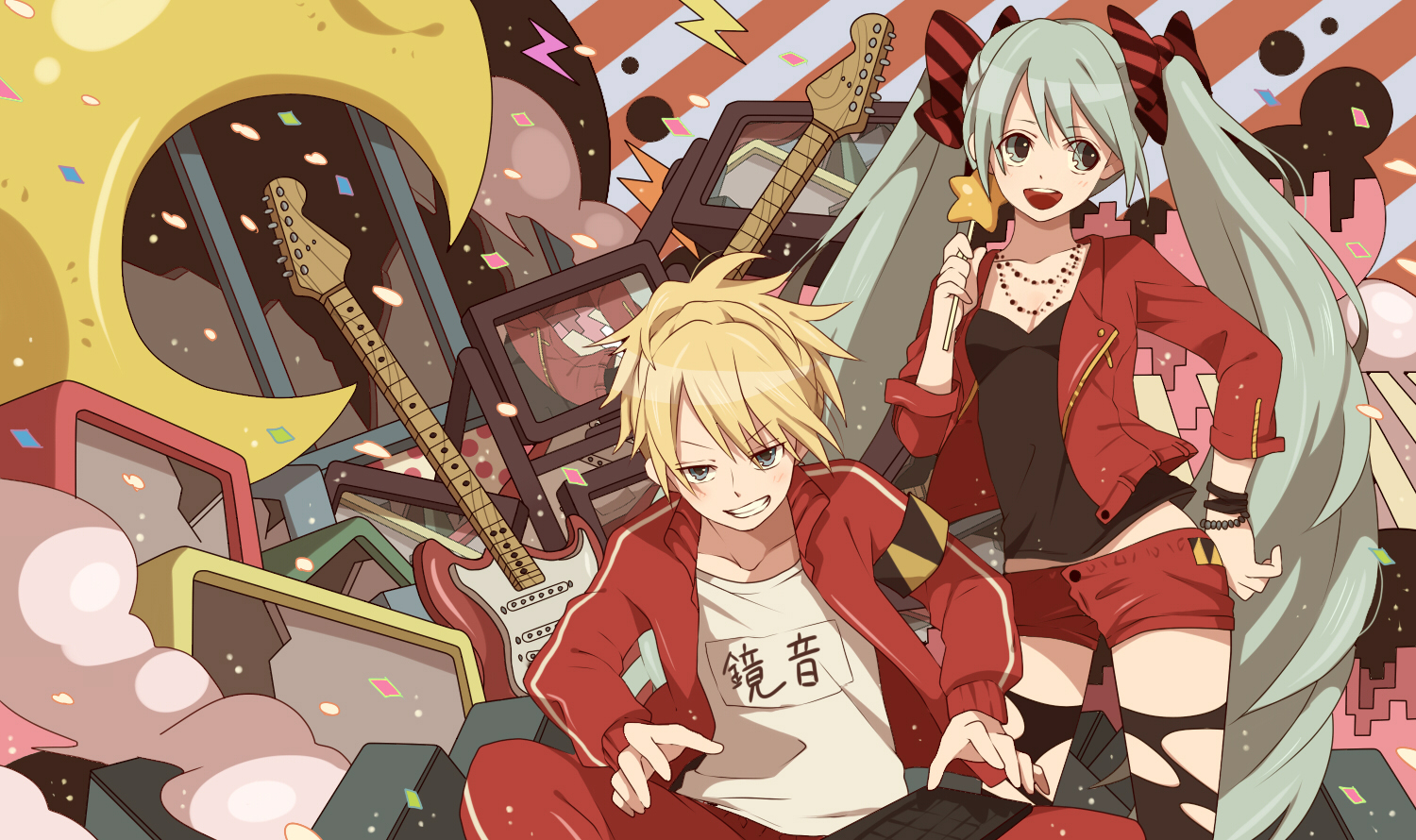 blonde_hair, blue_eyes, bow, green_eyes, green_hair, guitar, hatsune_miku, instrument, kagamine_len, long_hair, male, necklace, short_hair, shorts, sunaya, thighhighs, torn_clothes, twintails, vocaloid, wand, wristwear