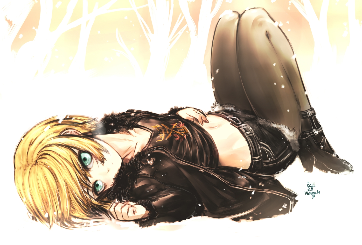 blonde_hair, green_eyes, kotoba_noriaki, navel, original, pantyhose, short_hair, snow
