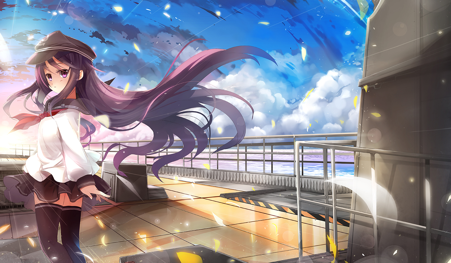 akatsuki_(kancolle), anthropomorphism, clouds, fuyouchu, hat, kantai_collection, long_hair, purple_eyes