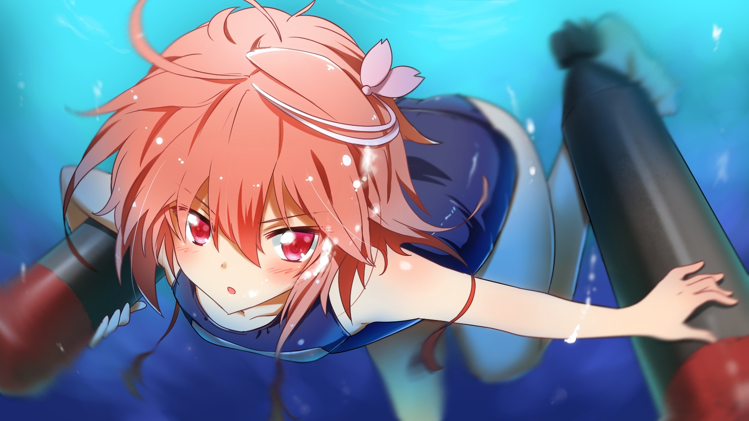 anthropomorphism, i-58_(kancolle), kantai_collection, pink_hair, red_eyes, school_swimsuit, short_hair, swimsuit, underwater, water, yuto_(dialique)