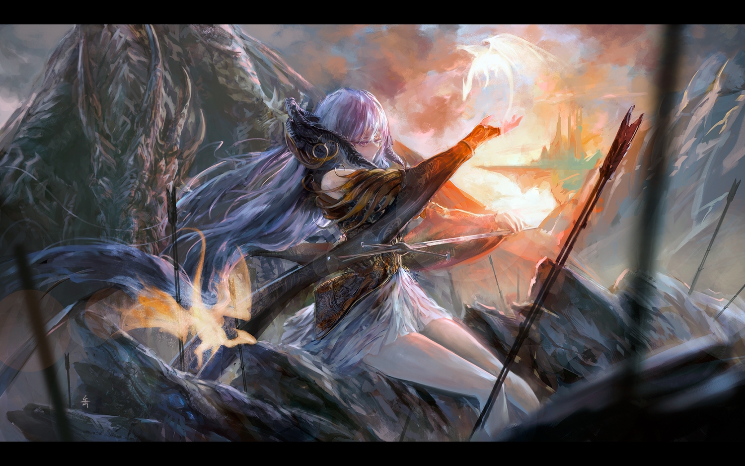 archlich, dragon, elbow_gloves, gloves, horns, long_hair, original, pink_eyes, pixiv_fantasia, purple_hair, sword, weapon