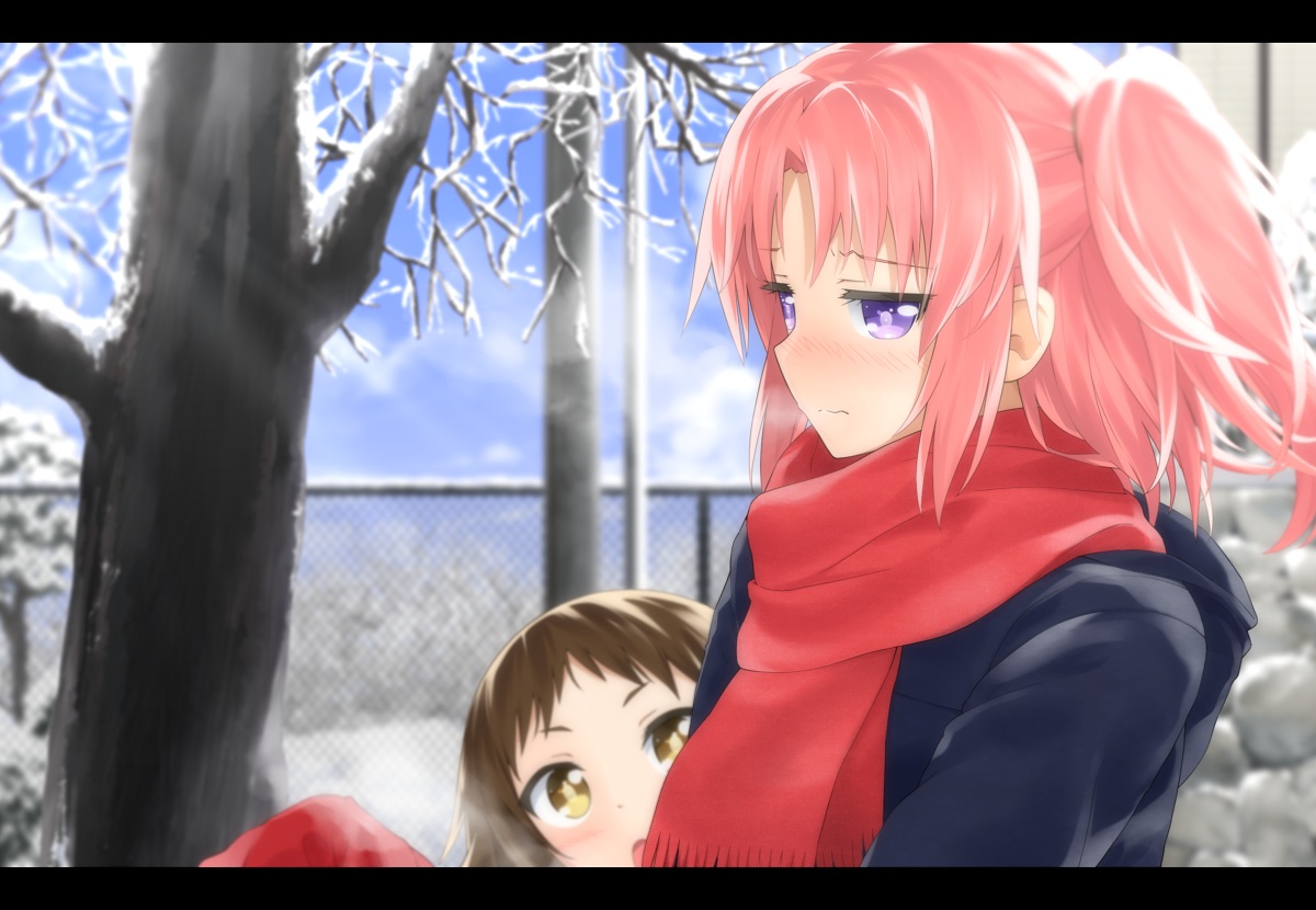 blush, haribote_(tarao), mikakunin_de_shinkoukei, mitsumine_mashiro, pink_hair, scarf, yonomori_kobeni